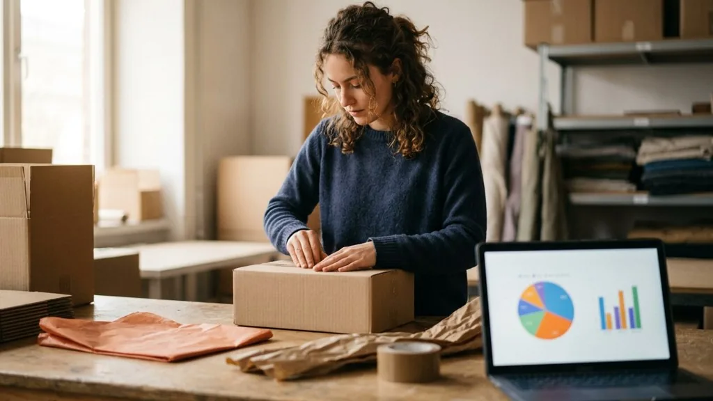 Direct to consumer brand founder packing a shipping box in a small warehouse studio beside a laptop showing sales analytics