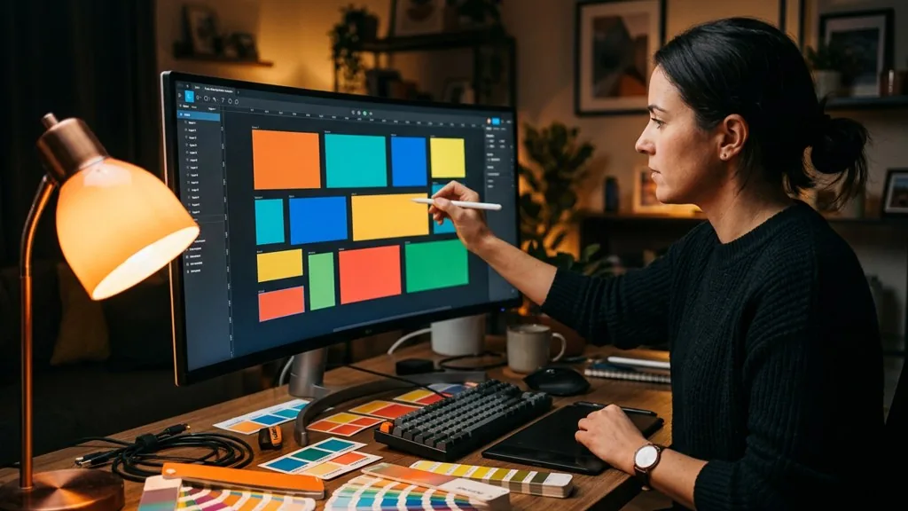 Graphic designer arranging blank banner mockups of different sizes on a wide monitor in a dim studio