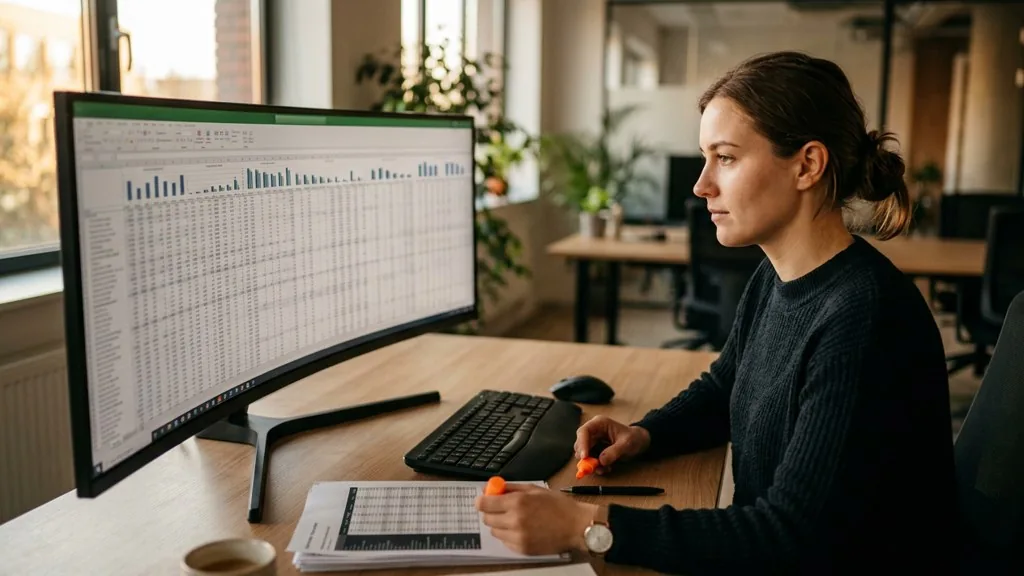 Paid search analyst reviewing dense rows of query data on a wide monitor in warm afternoon office light
