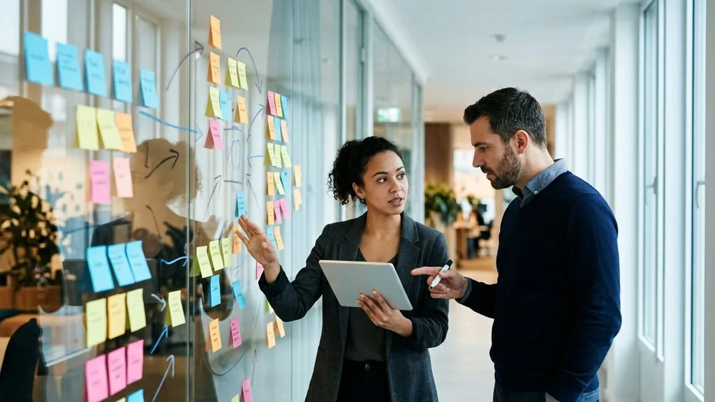 Two marketing strategists planning a competitive campaign at a glass wall covered in sticky notes