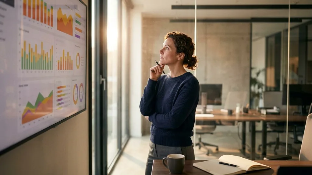 Paid media specialist reviewing campaign performance dashboards on a large wall display in an agency office