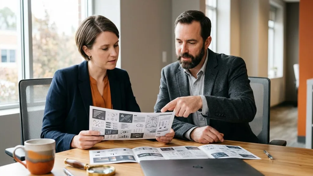 Two strategists comparing competing product brochures side by side on a bright meeting table