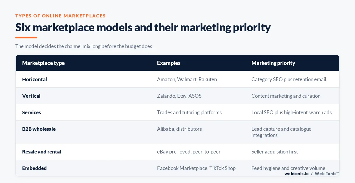 Matrix graphic mapping six online marketplace models to their examples and marketing priority