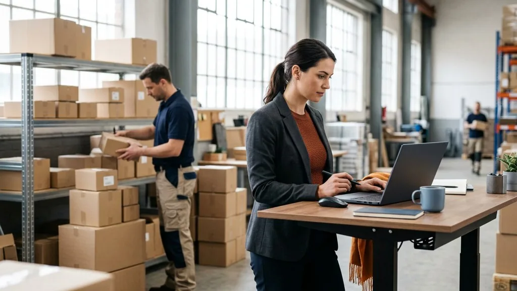 Marketplace operations manager reviewing performance on a laptop in a bright warehouse office while a colleague sorts parcels