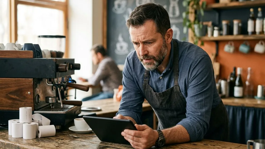 Independent cafe owner reviewing his business page on a tablet at the counter in warm morning light