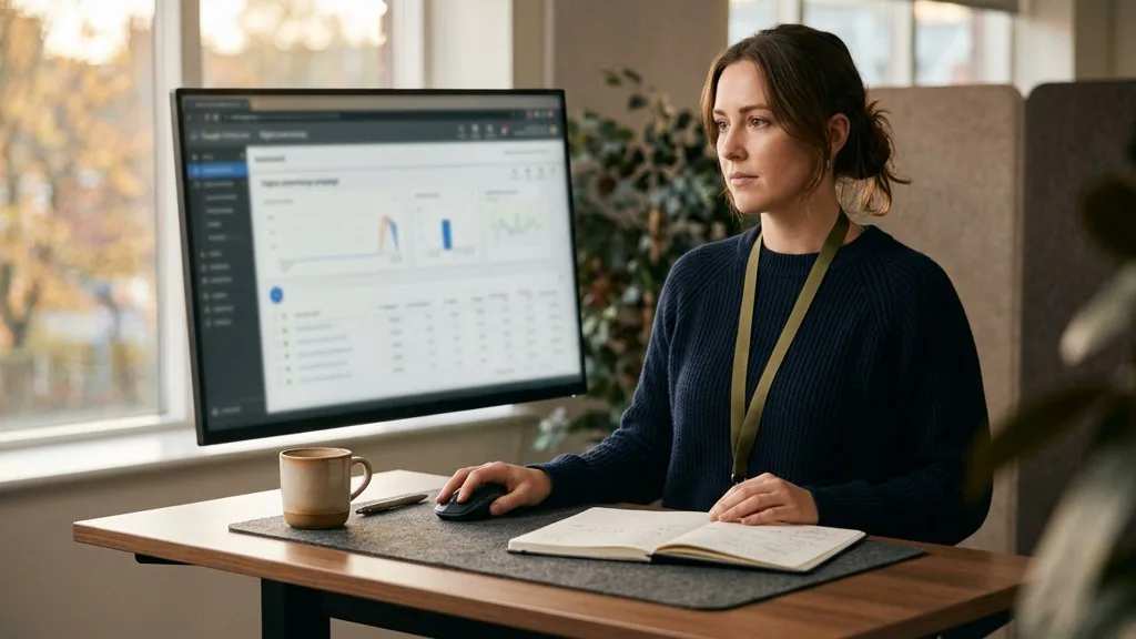 Paid search specialist reviewing a Google Ads campaign build on a large monitor in late afternoon light