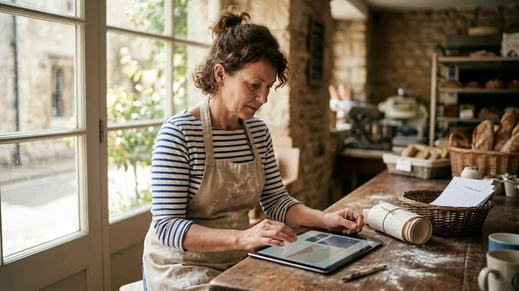 Small bakery owner checking customer feedback on a tablet at a wooden counter in warm morning light