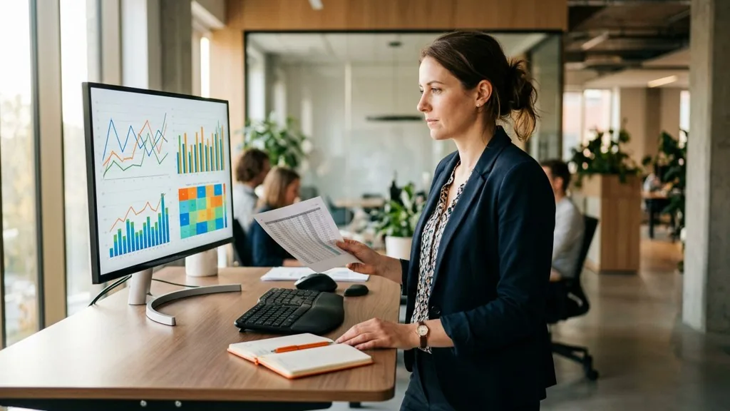 Paid media analyst reviewing campaign performance charts on a large monitor at a standing desk in afternoon light