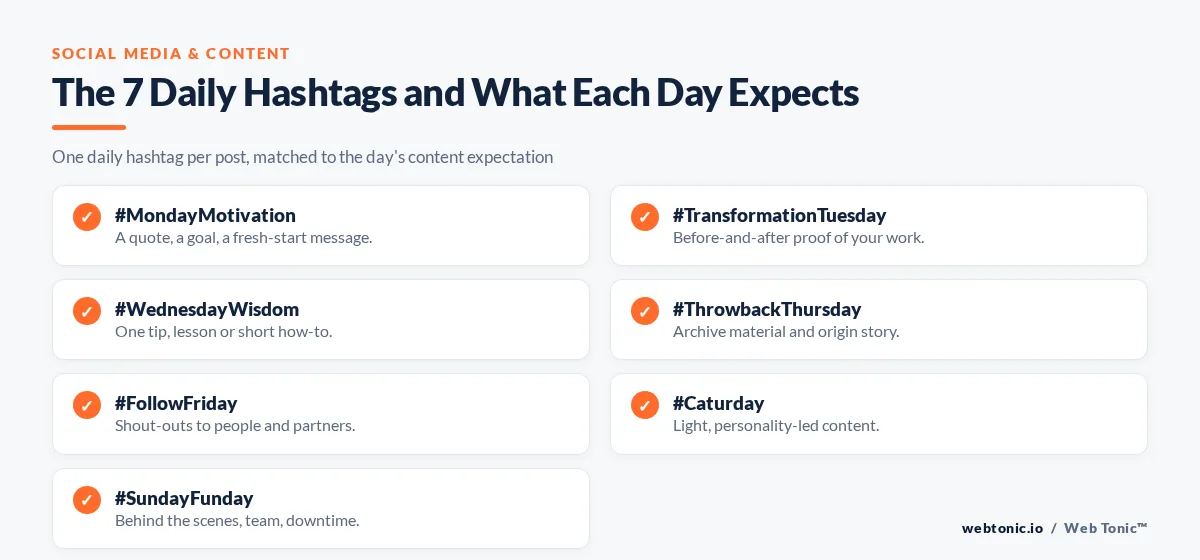 Checklist graphic listing the seven daily hashtags from Monday Motivation to Sunday Funday and the content each day expects