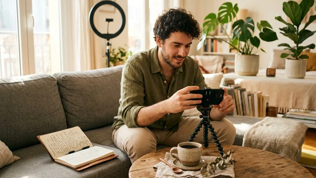 Social media manager filming a coffee flat lay with a phone on a tripod in a sunlit apartment