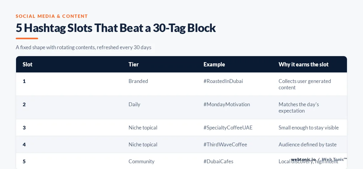 Matrix graphic showing a five-slot hashtag set with branded, daily, niche and community tiers
