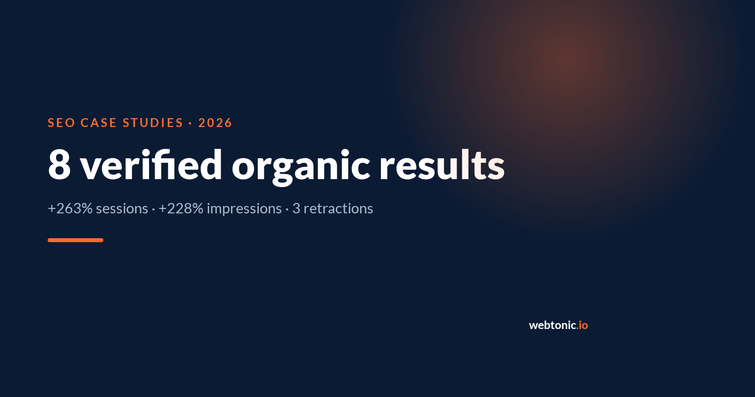 SEO case studies — 8 verified organic results, Web Tonic