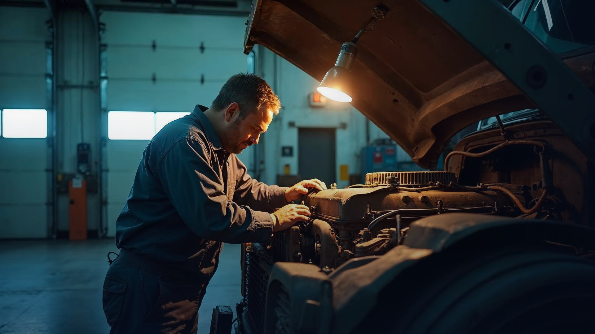 Diesel mechanic working in the engine bay of a heavy truck on a garage lift under an inspection lamp