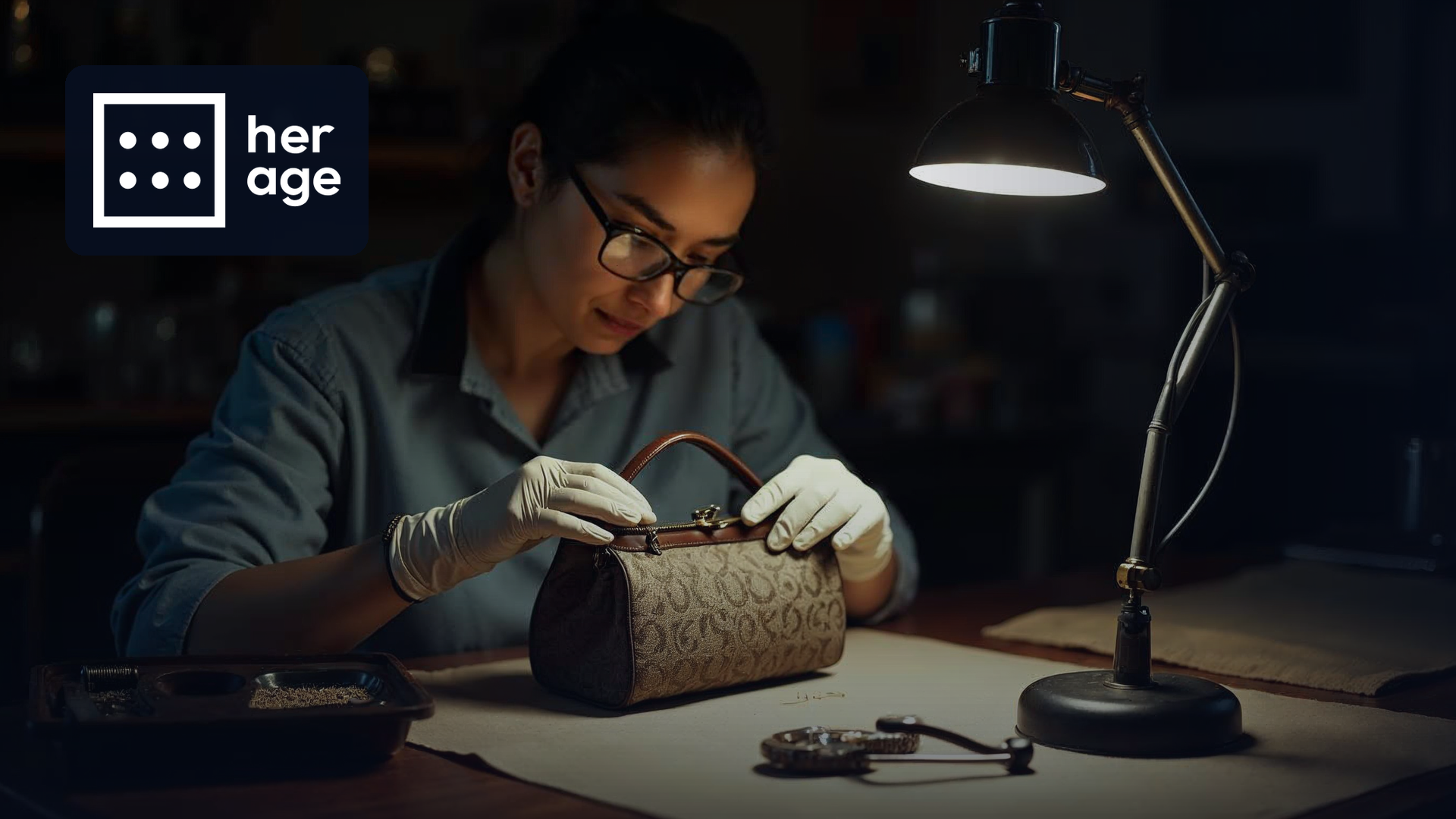 Specialist examining the stitching of a vintage designer handbag under a task lamp, Her-Age logo overlaid