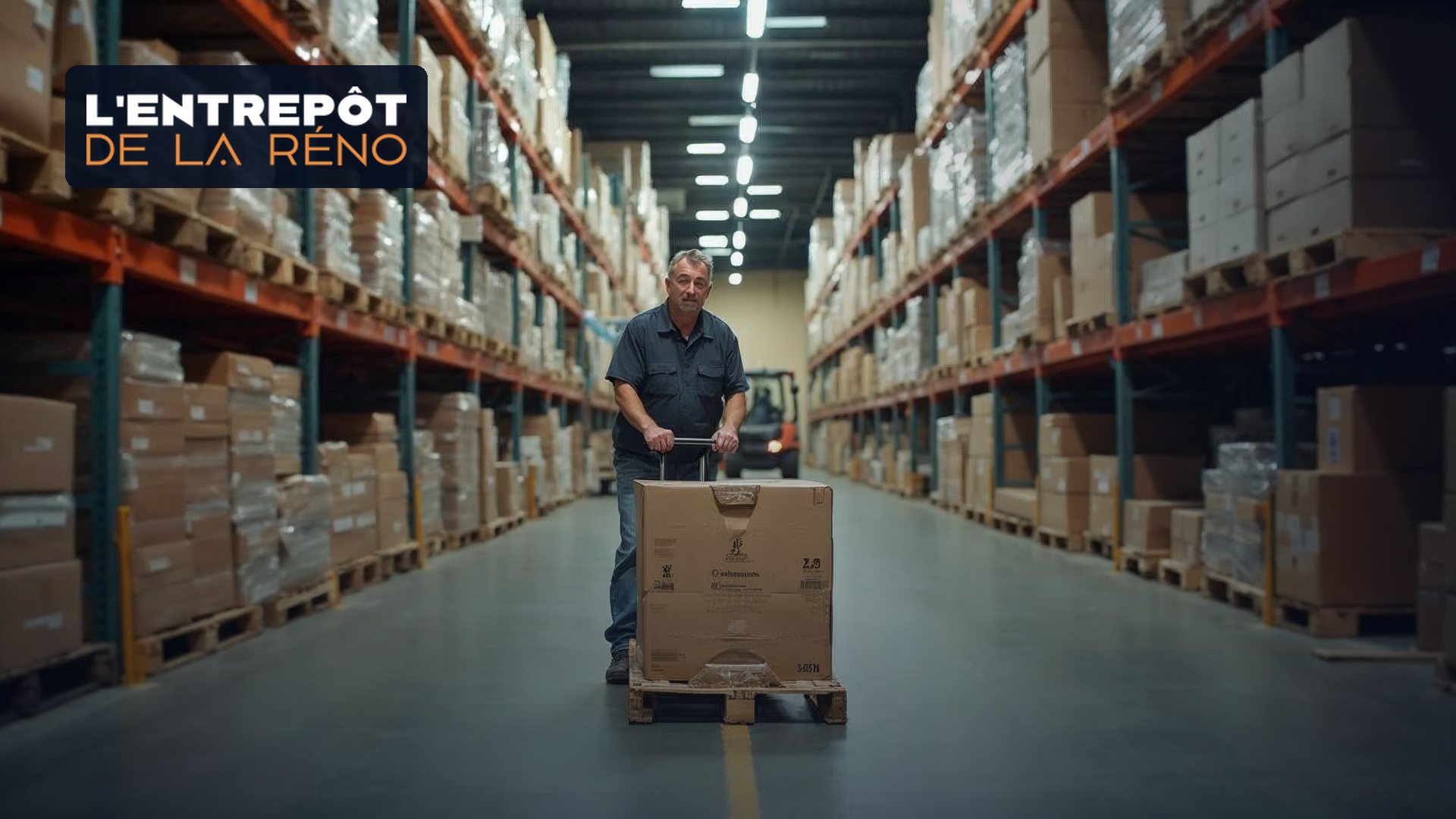 Warehouse worker moving a pallet of boxed tile down an aisle of racked building materials, L'Entrepôt de la Réno logo overlaid