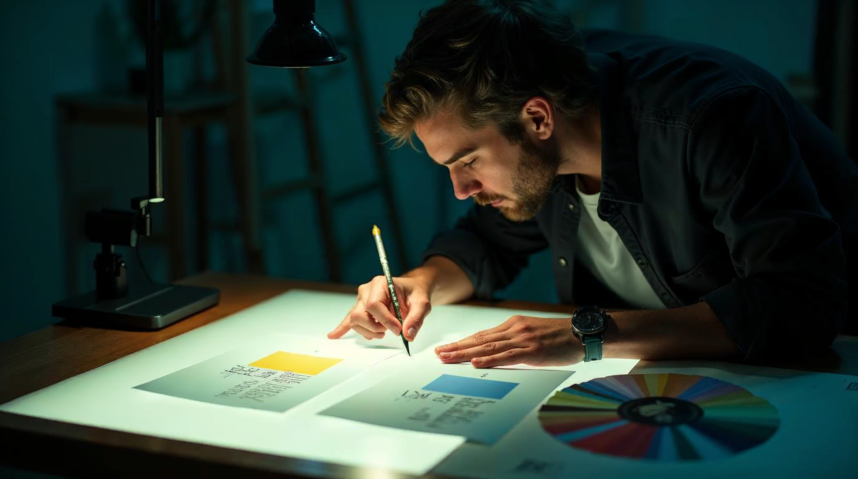 Brand designer comparing printed logo lockup proofs at a studio light table