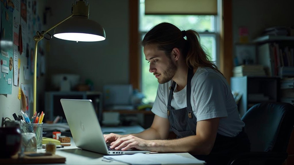 A small-business owner in an apron leaning over a laptop on a cluttered back-office desk late in the day, photographed in Nashville