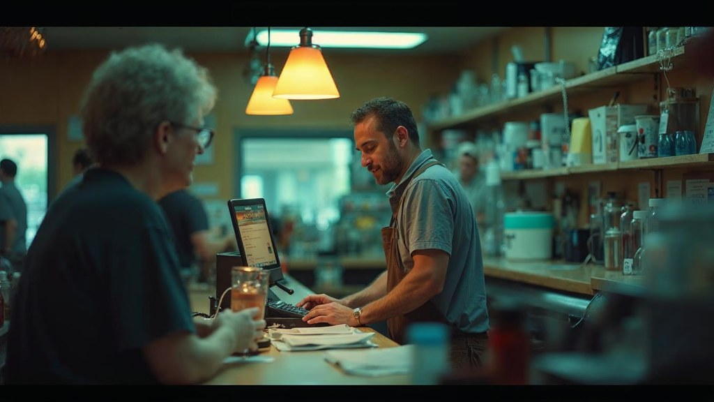 A shop manager standing behind the counter checking a phone while a customer waits at the till, photographed in Nashville