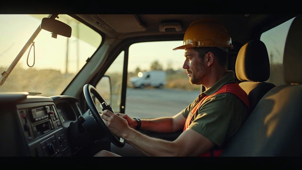 A contractor sitting in the cab of a work van reviewing a phone before driving off, photographed in Nashville