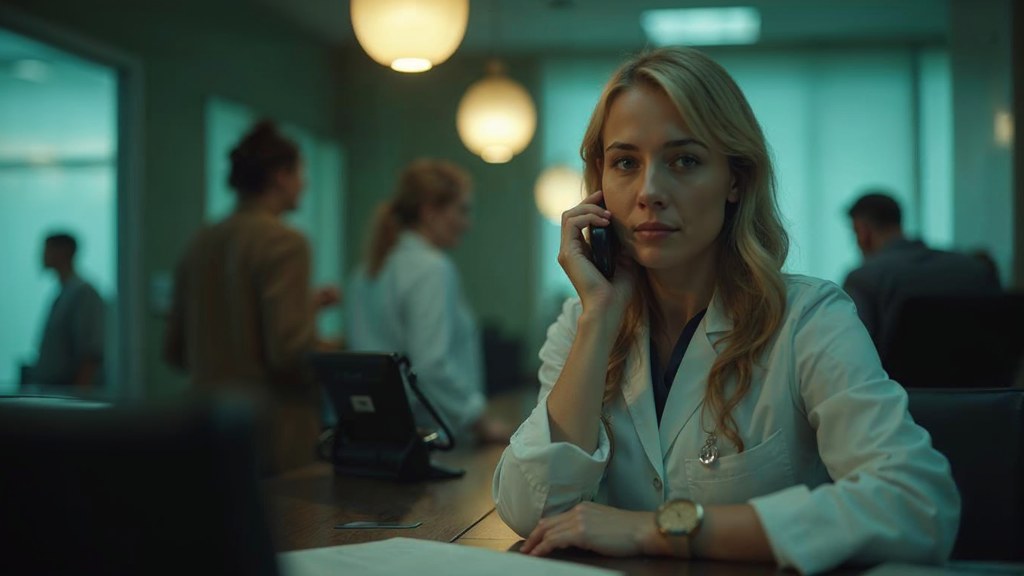 A clinic receptionist taking a phone call at a busy front desk with patients waiting, photographed in Nashville