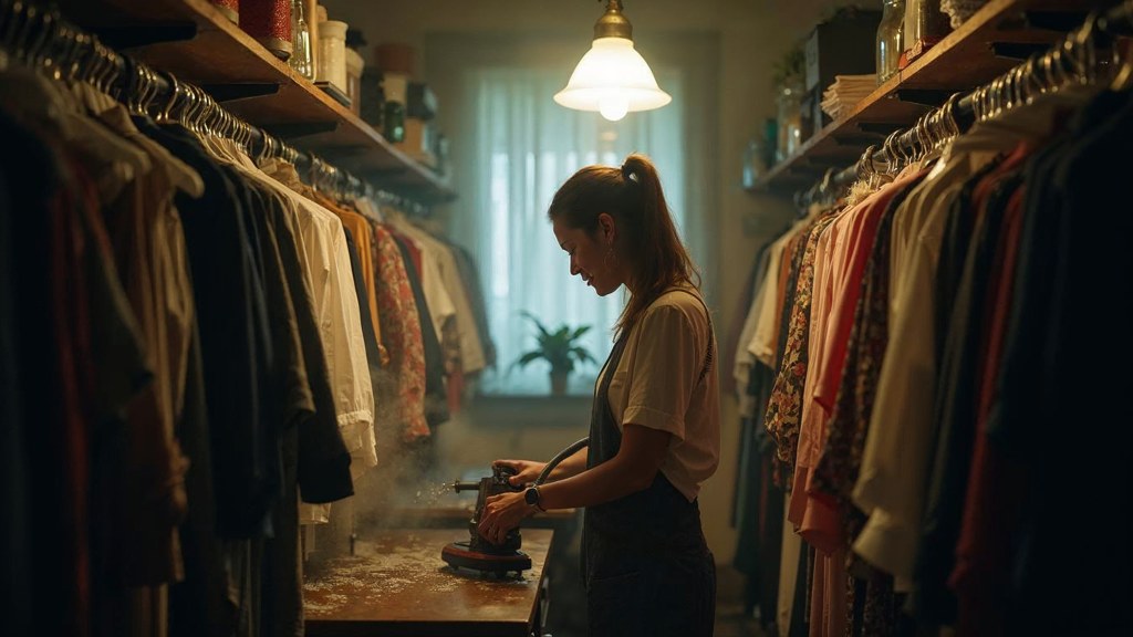 A boutique owner steaming garments in a narrow shop stockroom at opening time, photographed in Nashville
