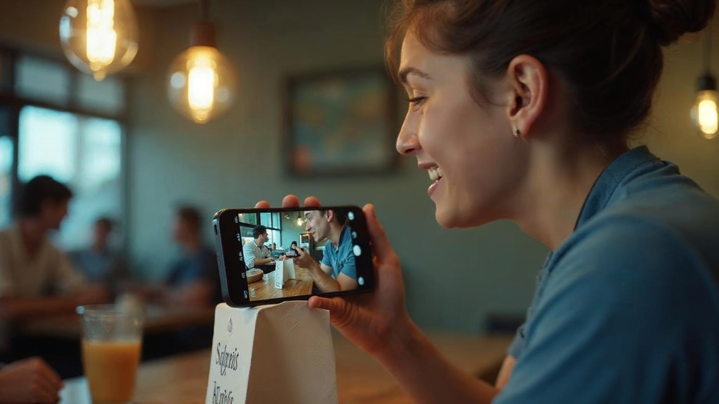 A young cafe worker filming a drink being poured on a phone propped against a napkin holder, photographed in Nashville