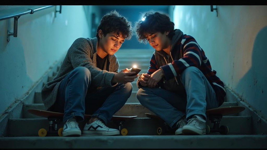 Two teenagers on skateboards looking at a phone on a set of concrete steps, photographed in Nashville