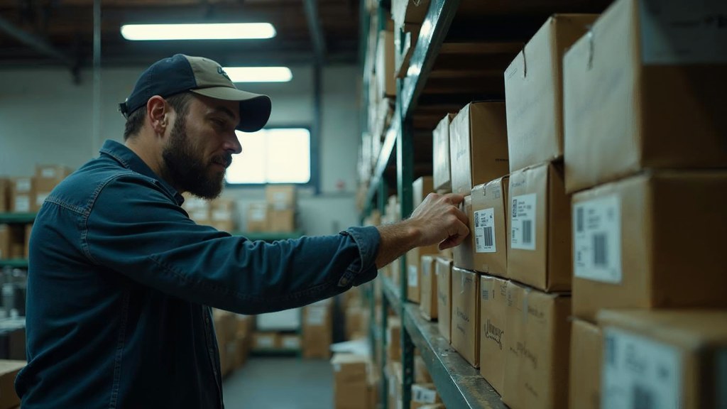 A seller checking barcodes on stacked cartons in a garage stockroom, photographed in Nashville