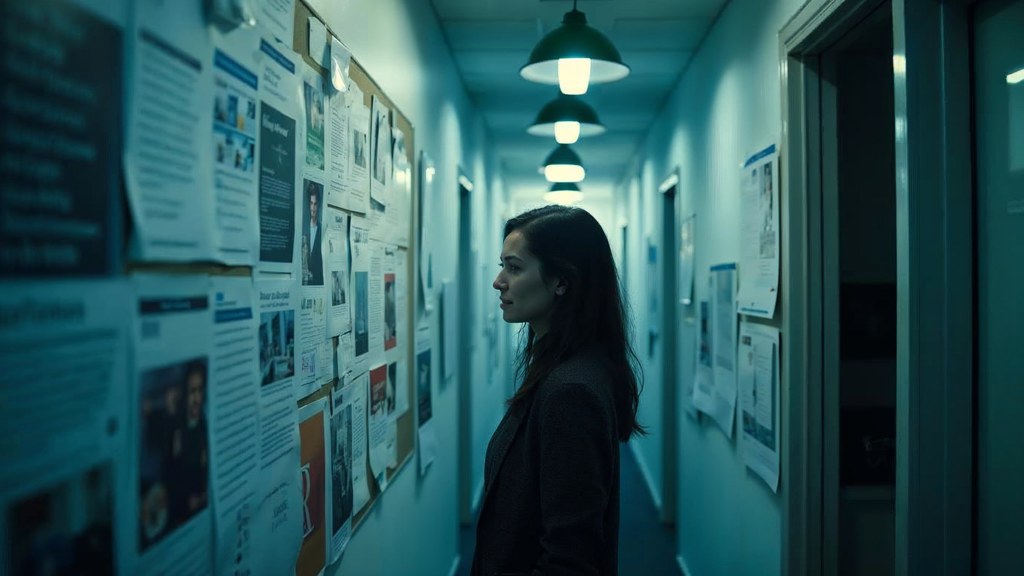 A media planner standing at a wall of printed layouts in a narrow agency corridor, photographed in Nashville
