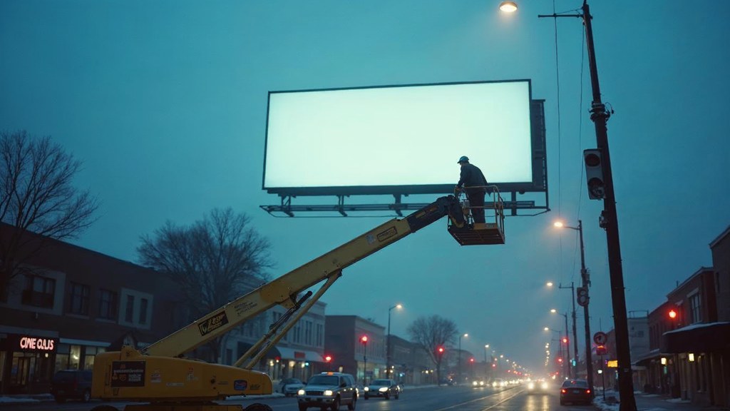 A crew member on a lift installing a blank billboard panel above a busy street, photographed in Nashville
