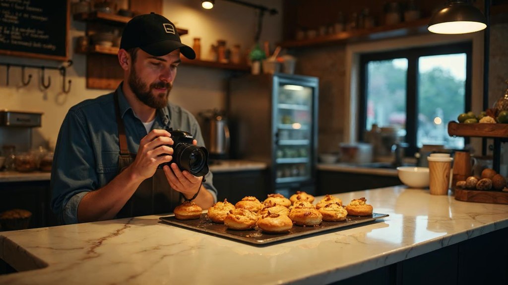 A bakery owner photographing a tray of pastries on a marble counter at dawn, photographed in Nashville