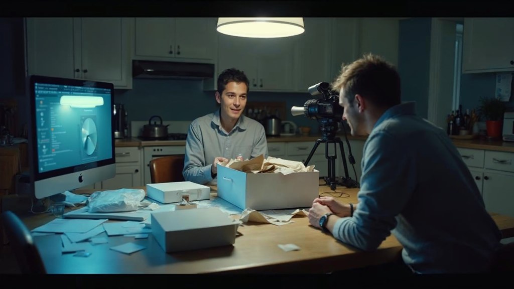 A customer filming an unboxing on a kitchen table strewn with packaging, photographed in Nashville