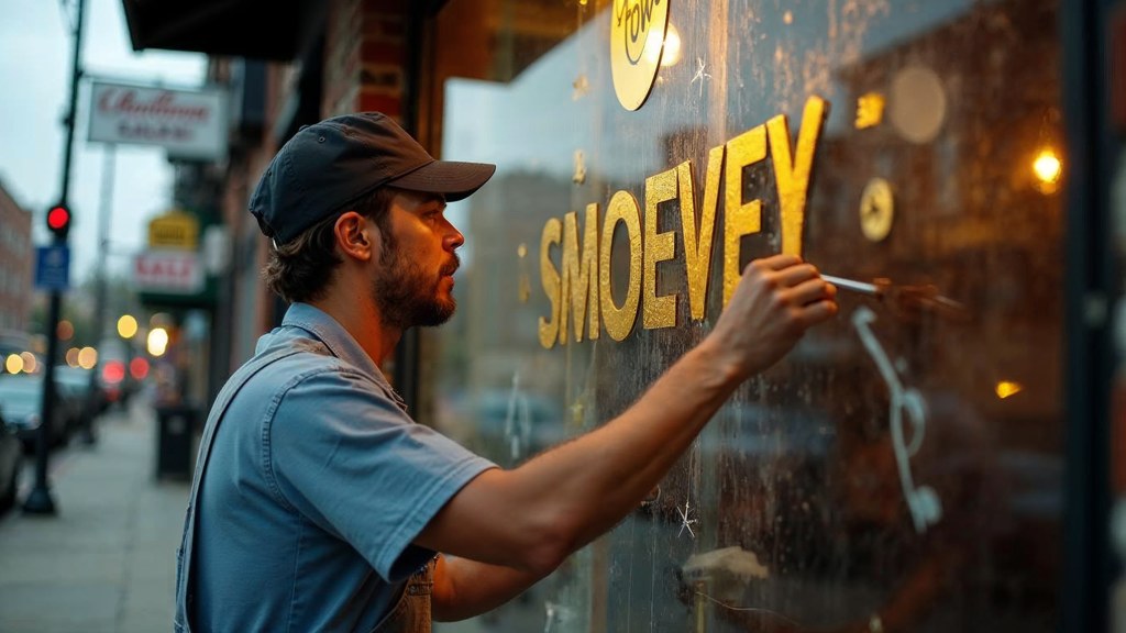 A sign painter finishing gold lettering on a shopfront window from the street side, photographed in Nashville