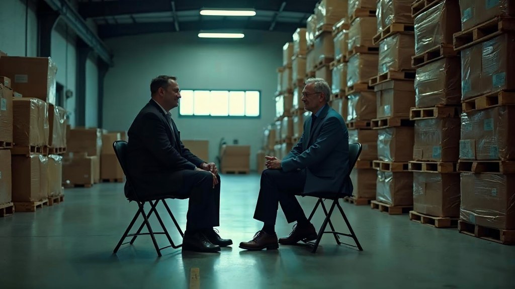 A warehouse supervisor interviewing a candidate on folding chairs beside stacked pallets, photographed in Nashville