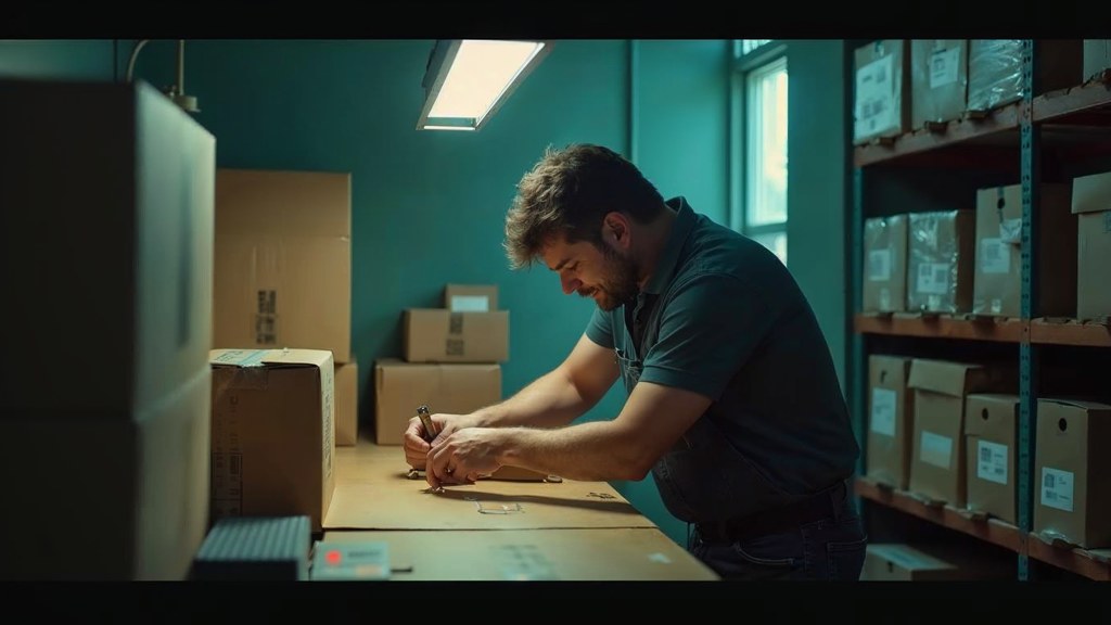 A warehouse worker taping shipping boxes under strip lighting in a small fulfilment room, photographed in Nashville
