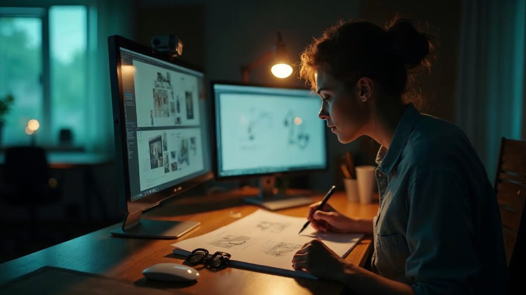 A studio designer sketching a page layout on paper beside a monitor in a dim room, photographed in Nashville