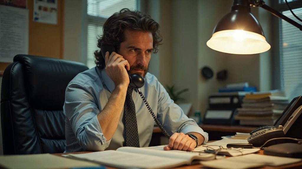 An office manager at a cluttered desk with a landline handset tucked under one ear, photographed in Nashville