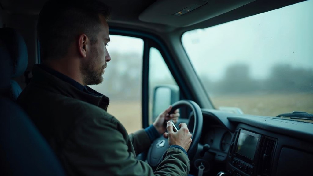 A contractor sitting in the cab of a work van reviewing a phone before driving off, photographed in Norfolk