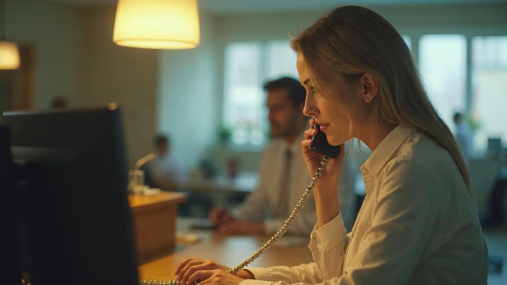A clinic receptionist taking a phone call at a busy front desk with patients waiting, photographed in Norfolk