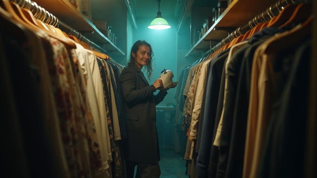 A boutique owner steaming garments in a narrow shop stockroom at opening time, photographed in Norfolk