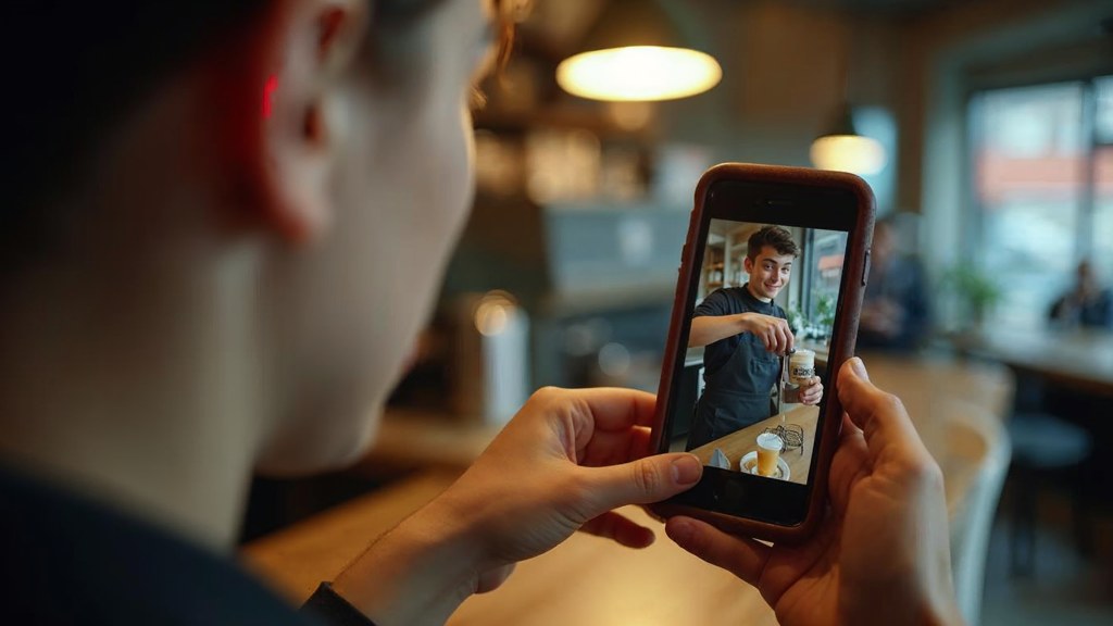 A young cafe worker filming a drink being poured on a phone propped against a napkin holder, photographed in Norfolk