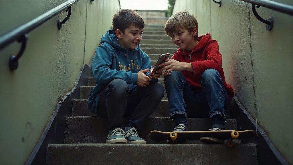Two teenagers on skateboards looking at a phone on a set of concrete steps, photographed in Norfolk