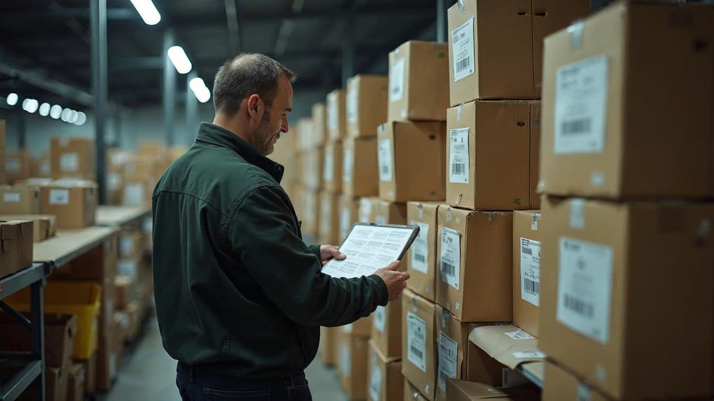 A seller checking barcodes on stacked cartons in a garage stockroom, photographed in Norfolk