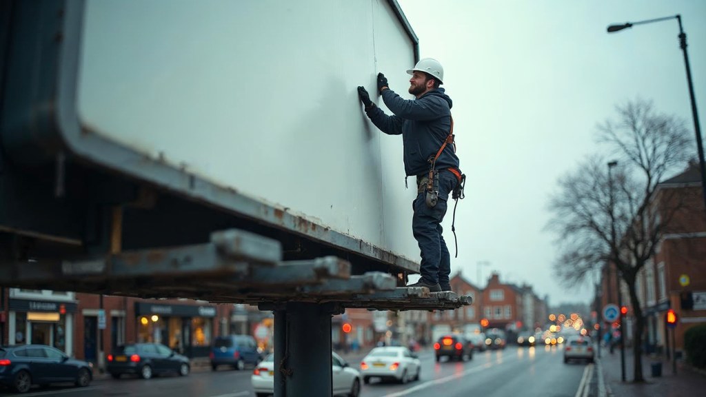A crew member on a lift installing a blank billboard panel above a busy street, photographed in Norfolk