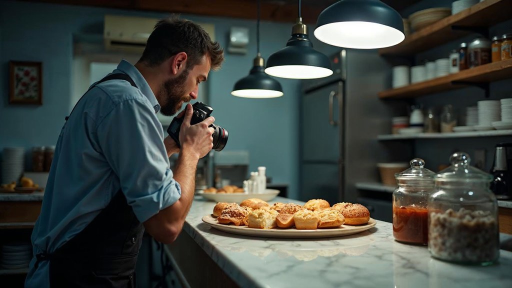 A bakery owner photographing a tray of pastries on a marble counter at dawn, photographed in Norfolk