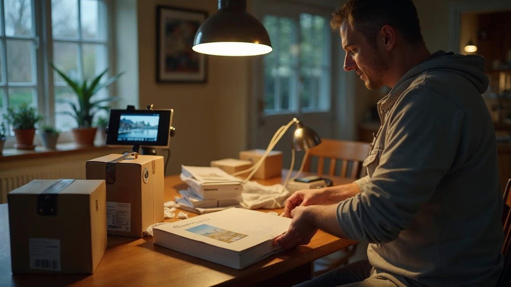 A customer filming an unboxing on a kitchen table strewn with packaging, photographed in Norfolk