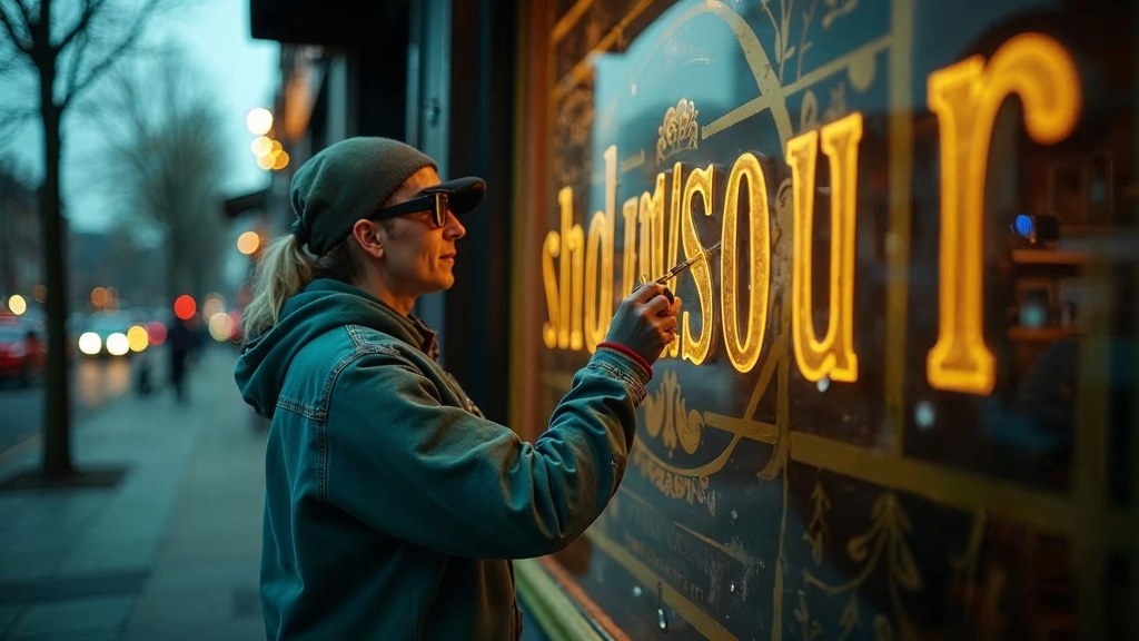 A sign painter finishing gold lettering on a shopfront window from the street side, photographed in Norfolk