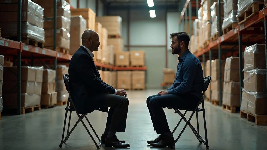A warehouse supervisor interviewing a candidate on folding chairs beside stacked pallets, photographed in Norfolk