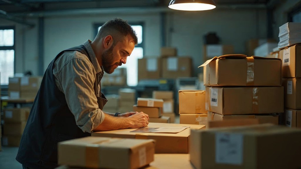 A warehouse worker taping shipping boxes under strip lighting in a small fulfilment room, photographed in Norfolk