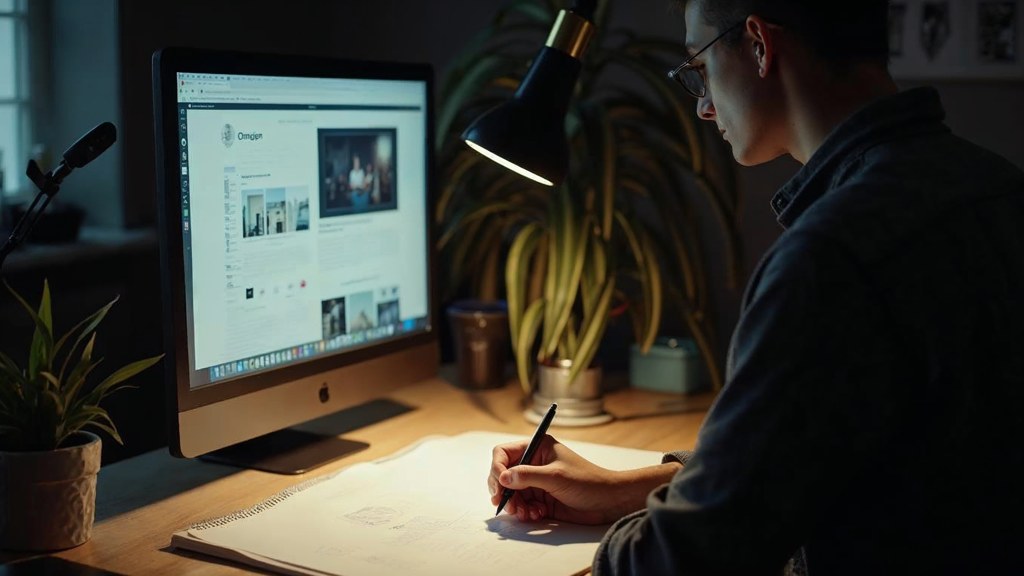 A studio designer sketching a page layout on paper beside a monitor in a dim room, photographed in Norfolk